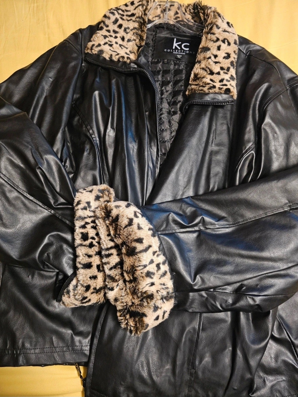 KC COLLECTION Black Faux Leather Jacket with Leopard-Print Trim